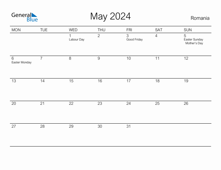 Printable May 2024 Calendar for Romania