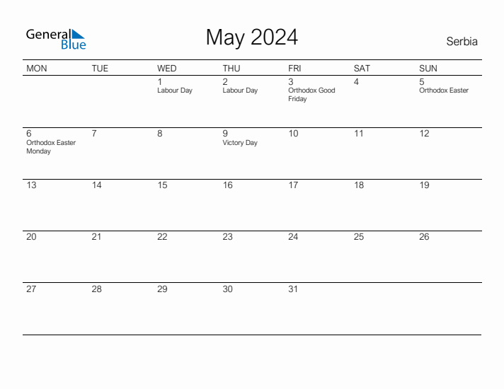 Printable May 2024 Calendar for Serbia