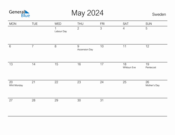 Printable May 2024 Calendar for Sweden