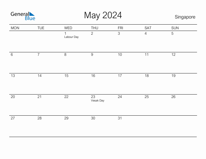 May 2024 Singapore Monthly Calendar with Holidays
