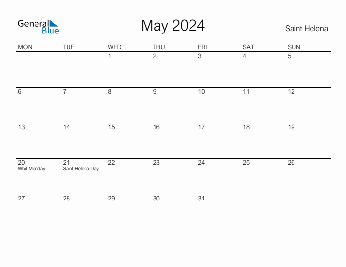 Printable May 2024 Calendar for Saint Helena