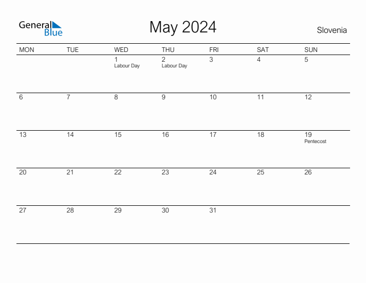 Printable May 2024 Calendar for Slovenia