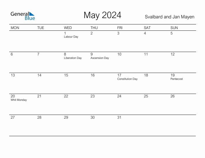Printable May 2024 Calendar for Svalbard and Jan Mayen