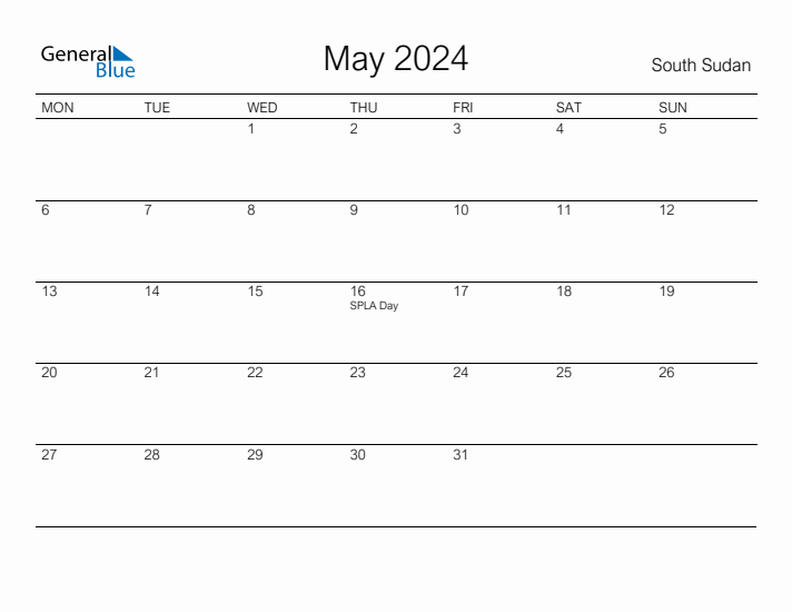 Printable May 2024 Calendar for South Sudan