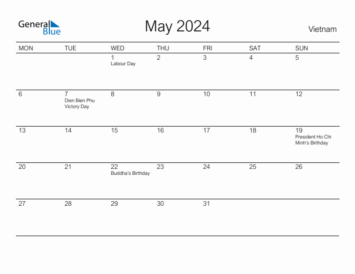 Printable May 2024 Calendar for Vietnam