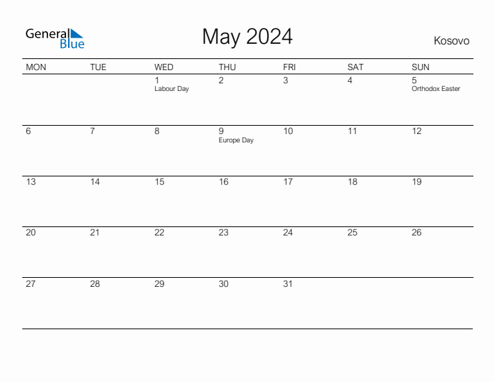 Printable May 2024 Calendar for Kosovo