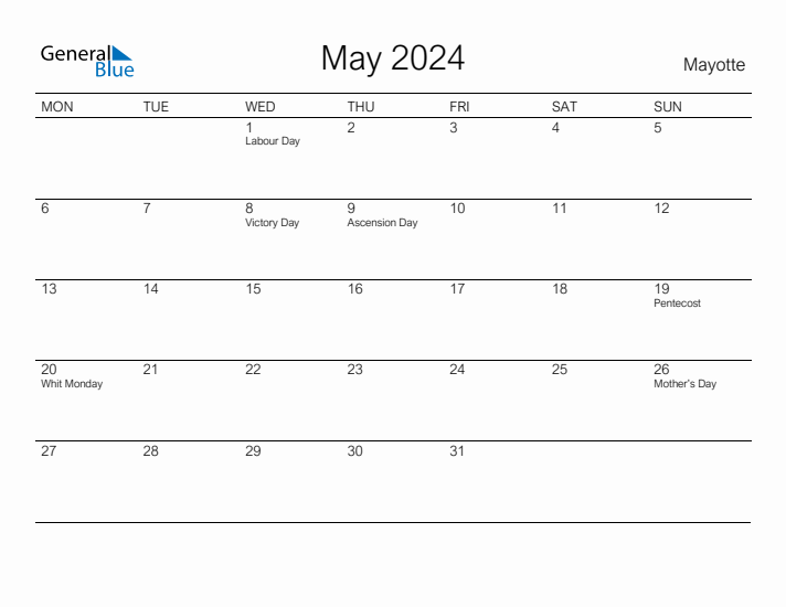 Printable May 2024 Calendar for Mayotte
