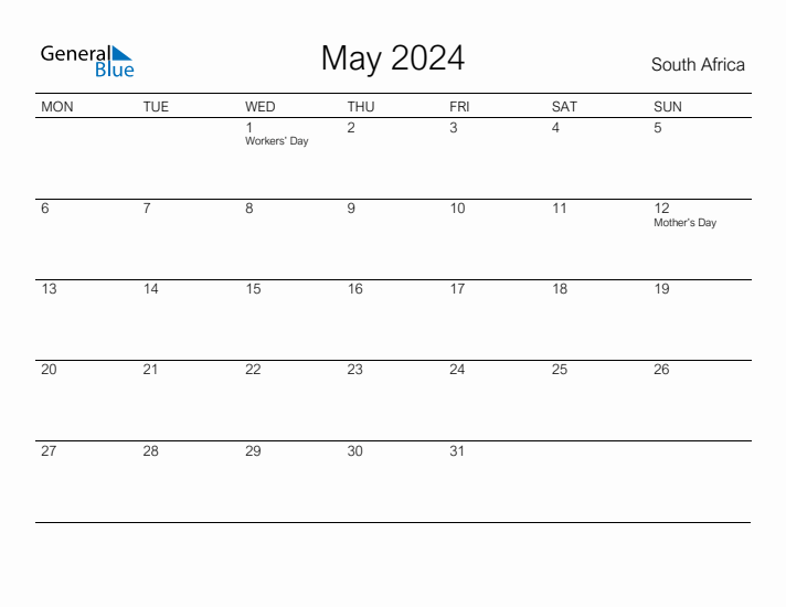 May 2024 South Africa Monthly Calendar with Holidays