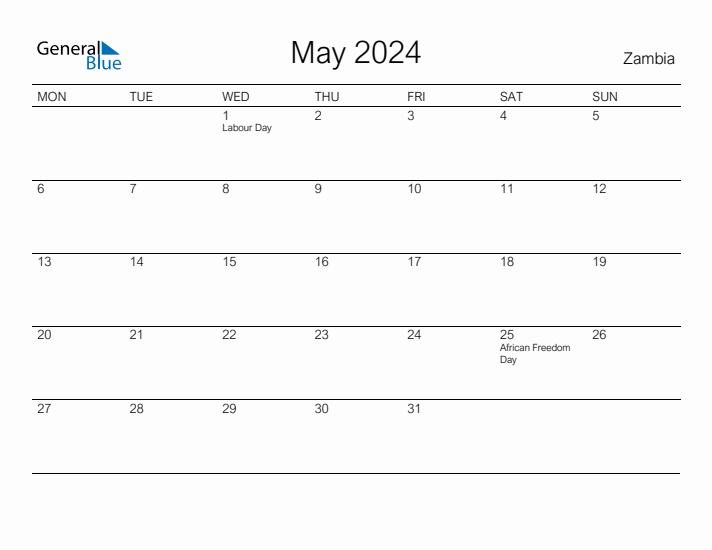 Printable May 2024 Calendar for Zambia
