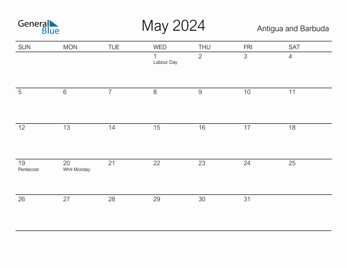 Printable May 2024 Calendar for Antigua and Barbuda