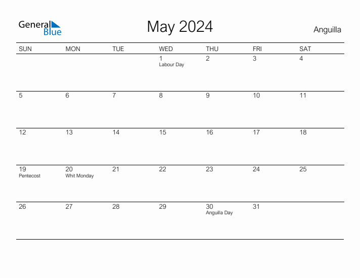 Printable May 2024 Calendar for Anguilla