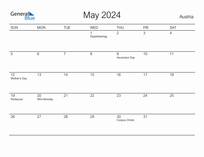 Printable May 2024 Calendar for Austria