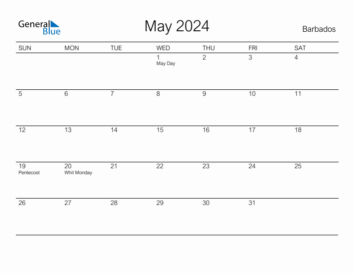Printable May 2024 Calendar for Barbados