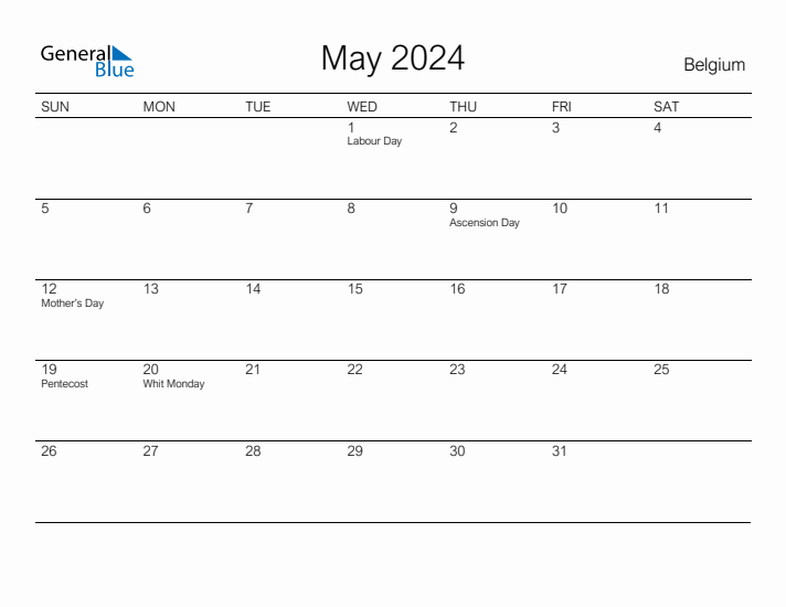 Printable May 2024 Calendar for Belgium