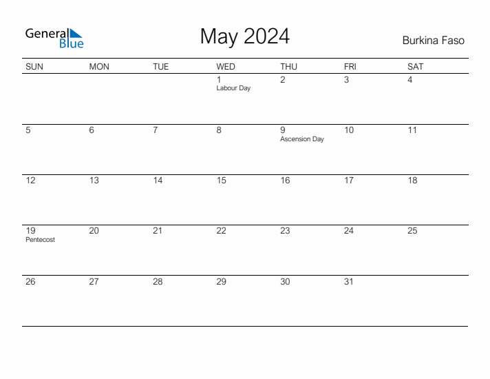 Printable May 2024 Calendar for Burkina Faso