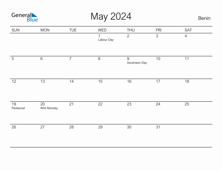 Printable May 2024 Calendar for Benin