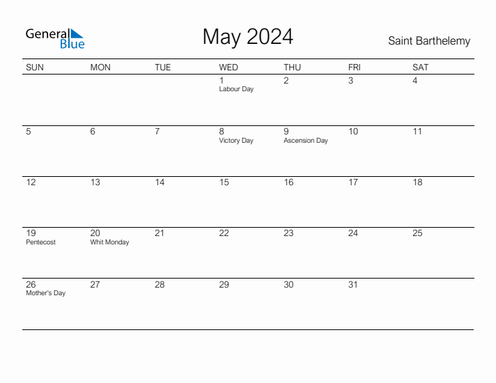 Printable May 2024 Calendar for Saint Barthelemy
