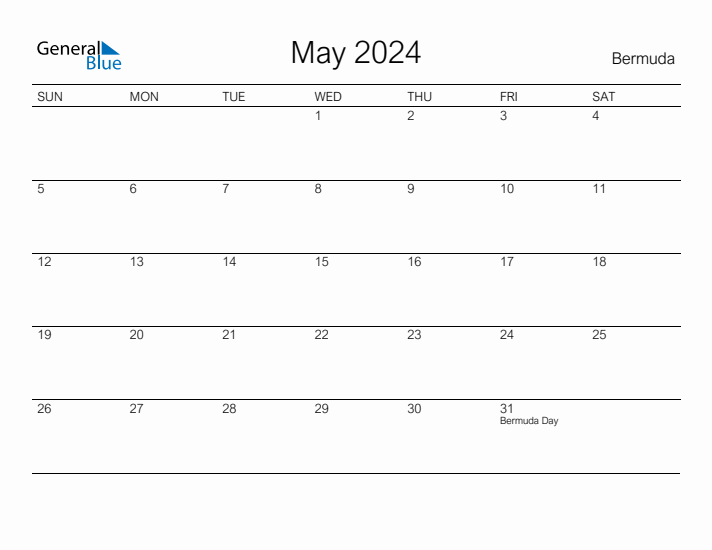 Printable May 2024 Calendar for Bermuda