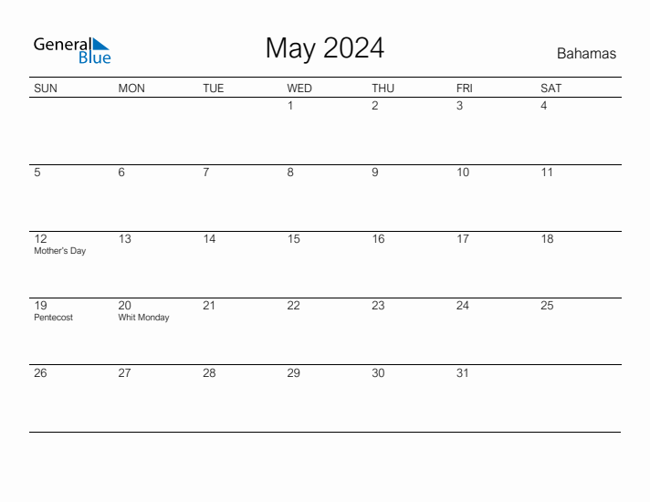 May 2024 Monthly Calendar with Bahamas Holidays