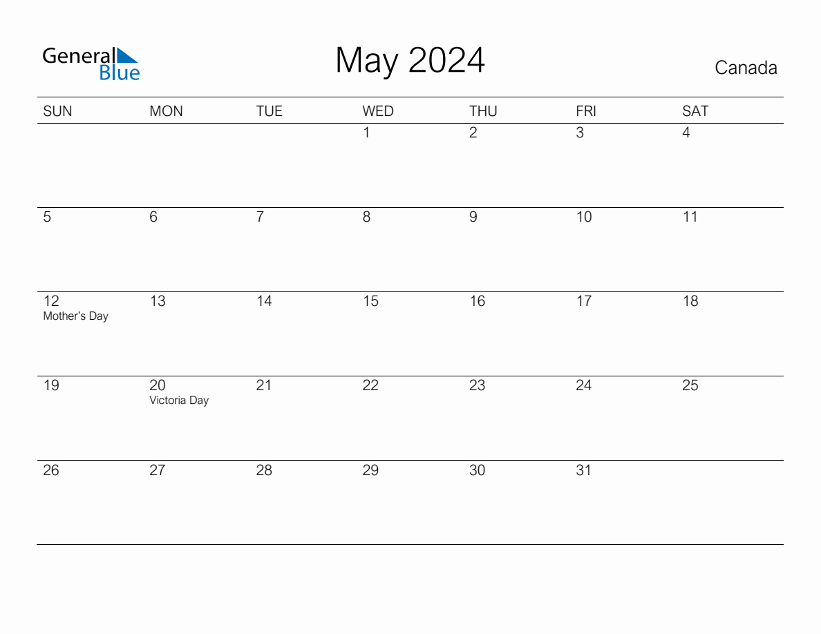 Printable May 2024 Monthly Calendar with Holidays for Canada