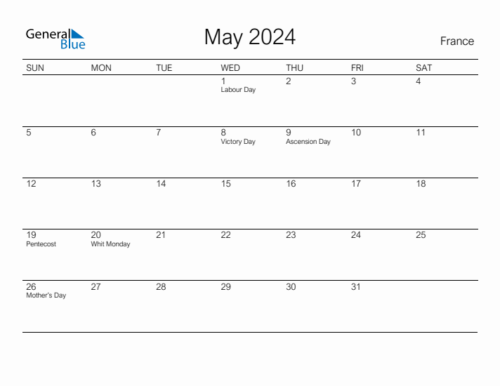Printable May 2024 Calendar for France