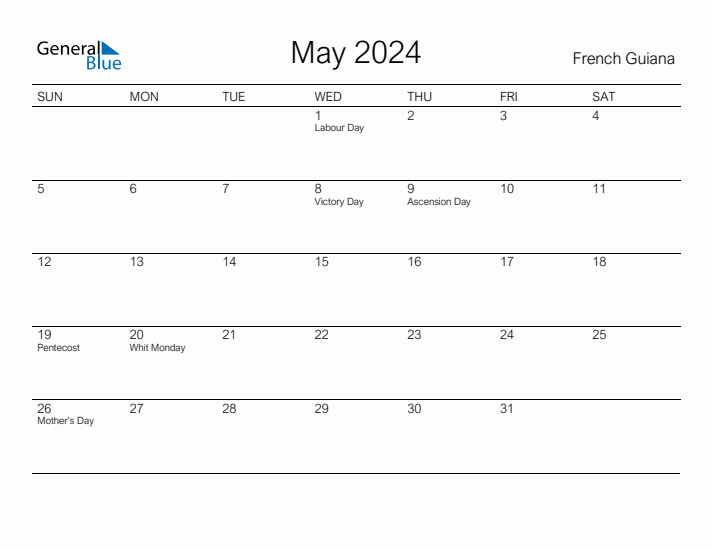 Printable May 2024 Calendar for French Guiana
