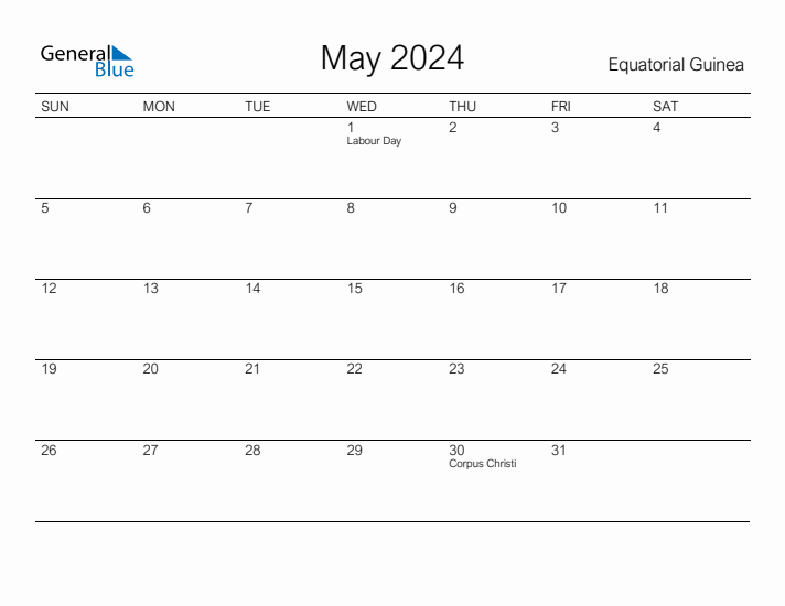 Printable May 2024 Calendar for Equatorial Guinea