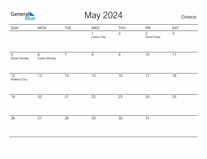 Printable May 2024 Calendar for Greece