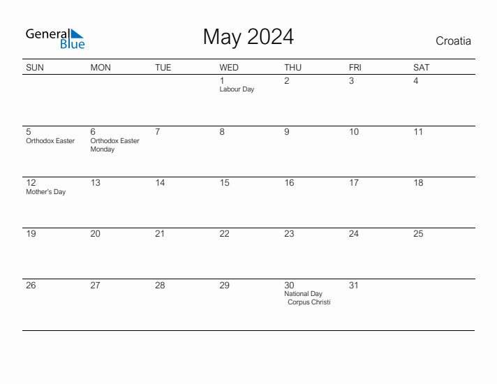 Printable May 2024 Calendar for Croatia