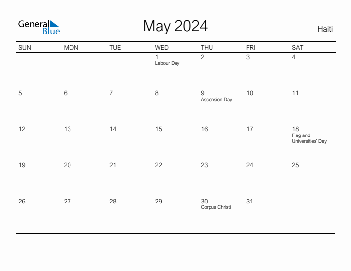 Printable May 2024 Calendar for Haiti