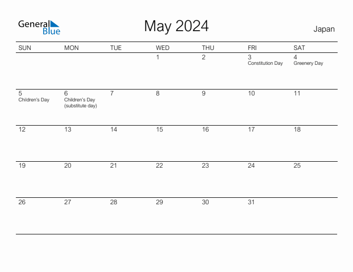 Printable May 2024 Calendar for Japan