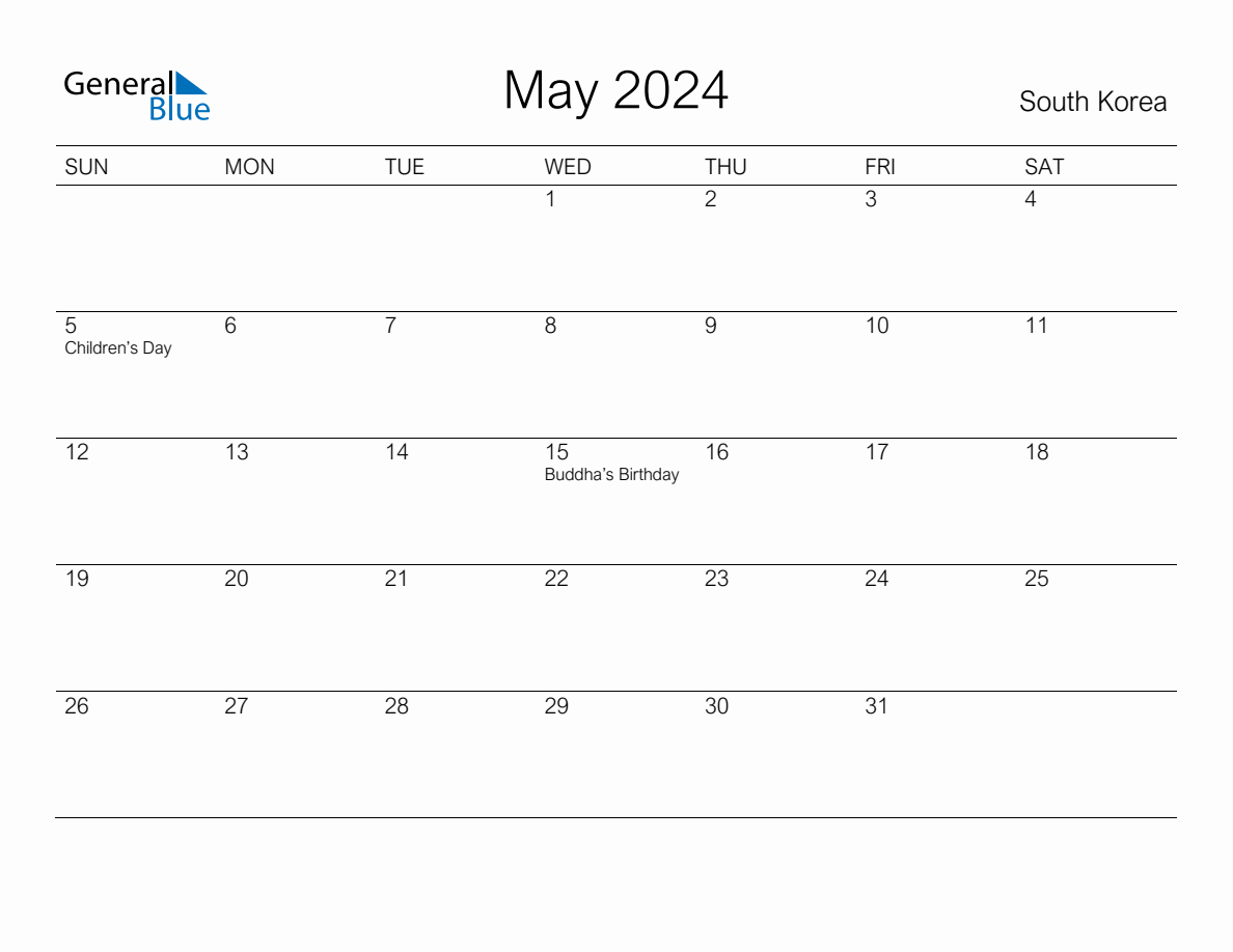 Printable May 2024 Monthly Calendar with Holidays for South Korea