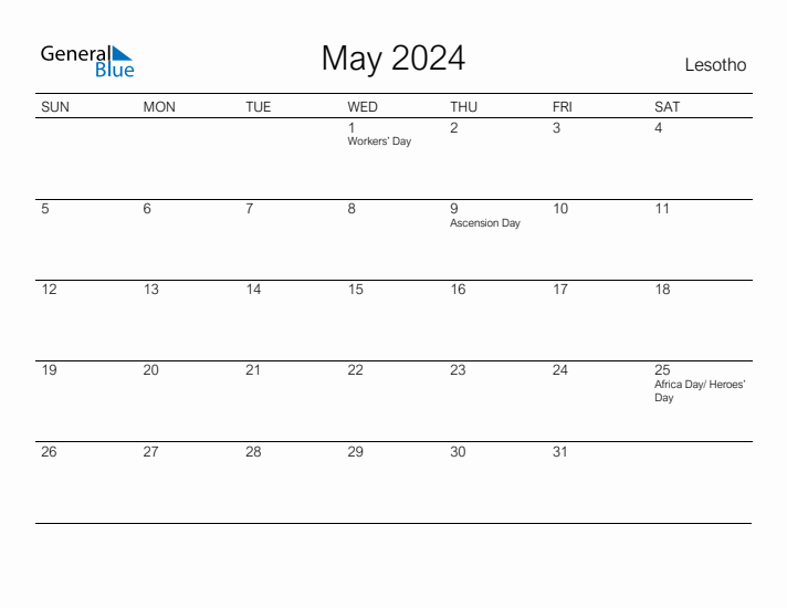 Printable May 2024 Calendar for Lesotho