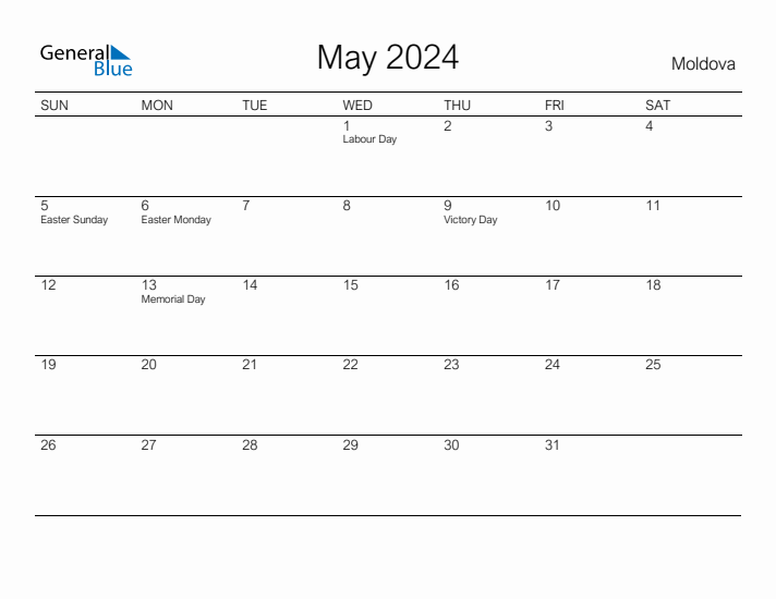 Printable May 2024 Calendar for Moldova