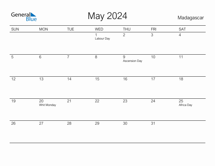 Printable May 2024 Calendar for Madagascar