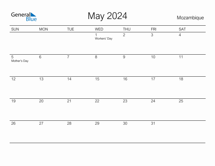 Printable May 2024 Calendar for Mozambique