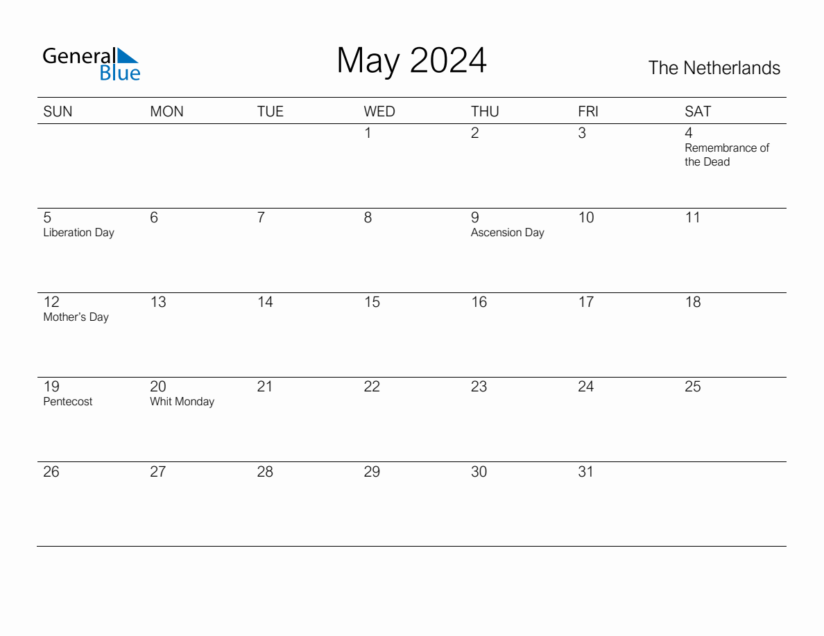 Printable May 2024 Monthly Calendar with Holidays for Netherlands