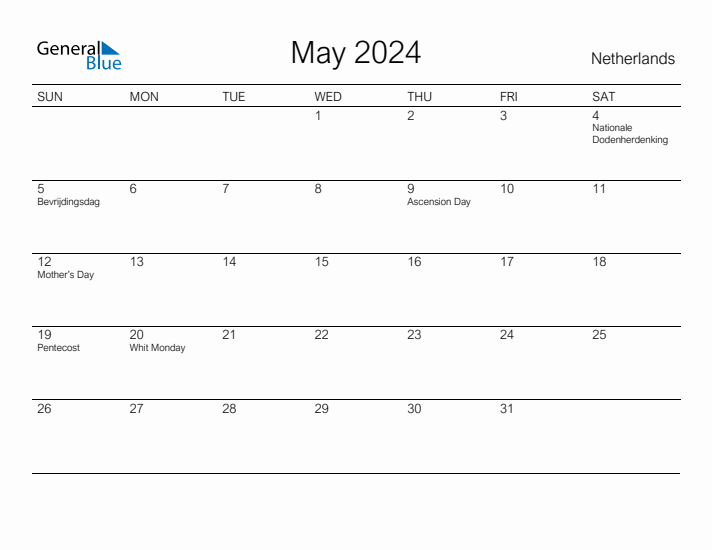 Printable May 2024 Calendar for The Netherlands