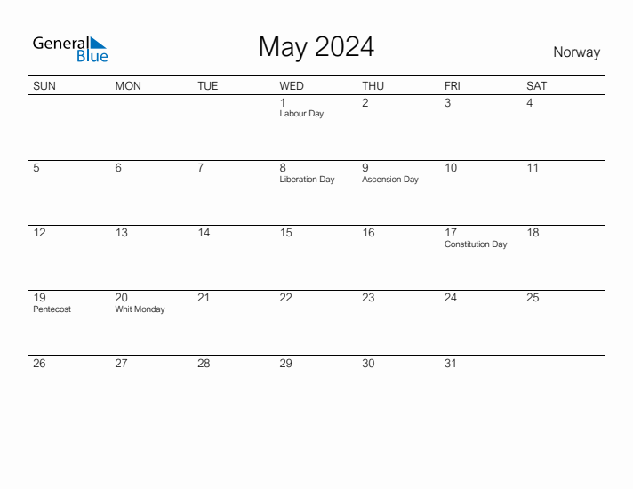 Printable May 2024 Calendar for Norway