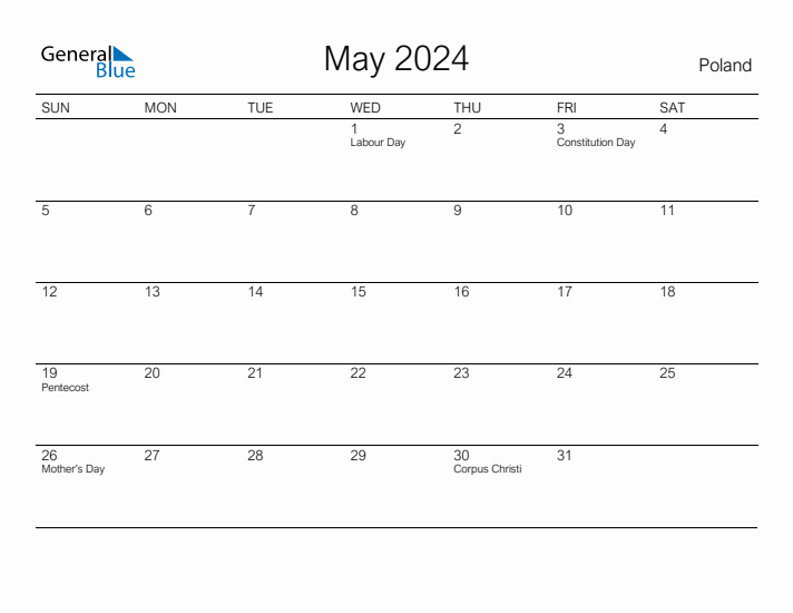 Printable May 2024 Calendar for Poland