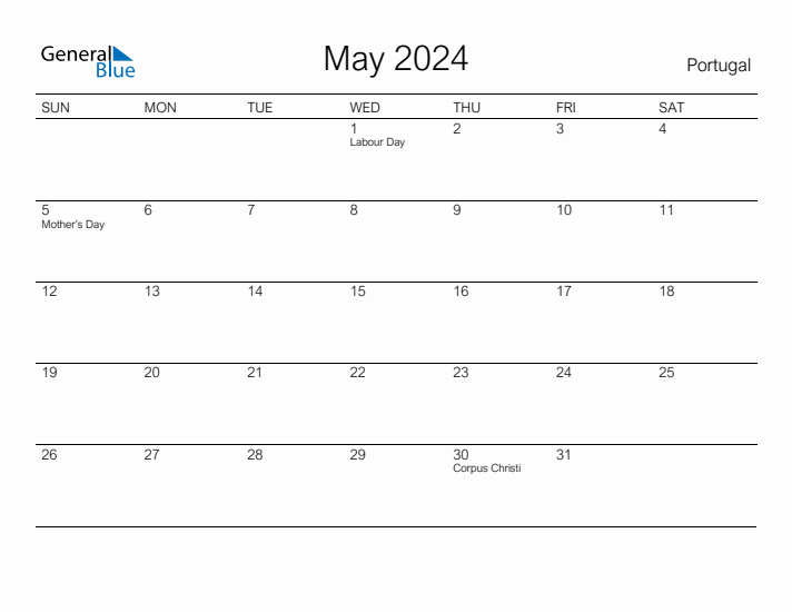 Printable May 2024 Calendar for Portugal