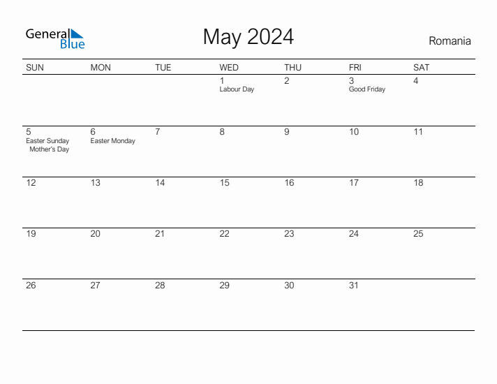 Printable May 2024 Calendar for Romania