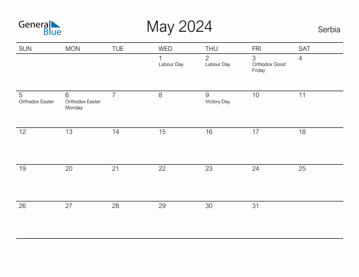 May 2024 Monthly Calendar with Serbia Holidays