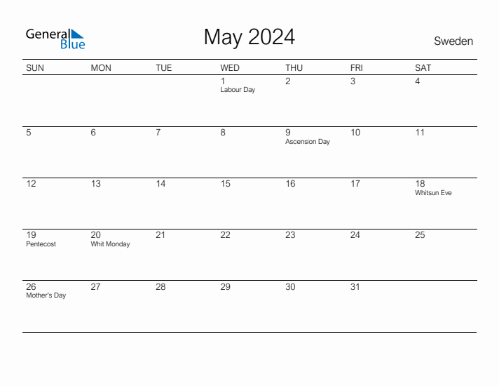 Printable May 2024 Calendar for Sweden