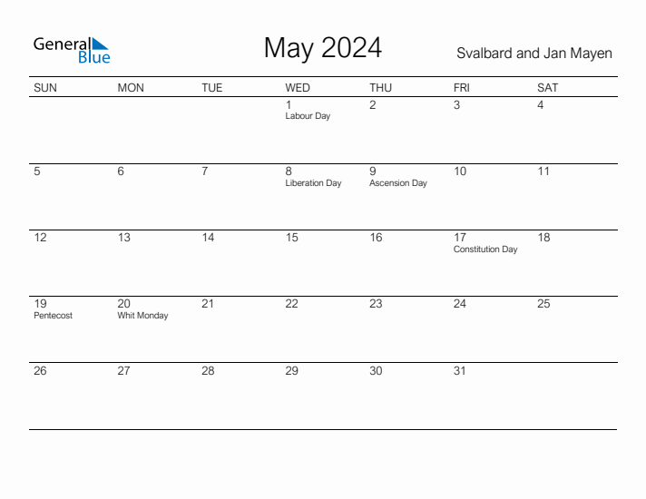 Printable May 2024 Calendar for Svalbard and Jan Mayen