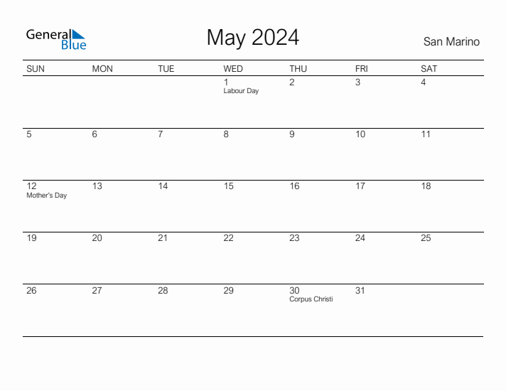 Printable May 2024 Calendar for San Marino