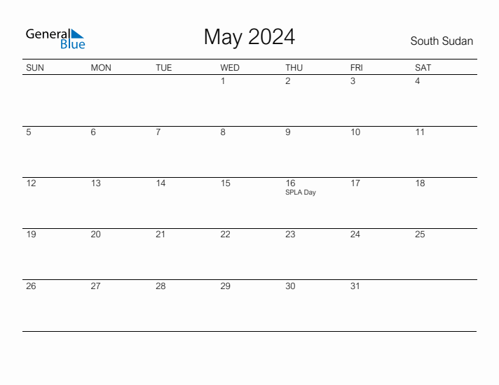 Printable May 2024 Calendar for South Sudan