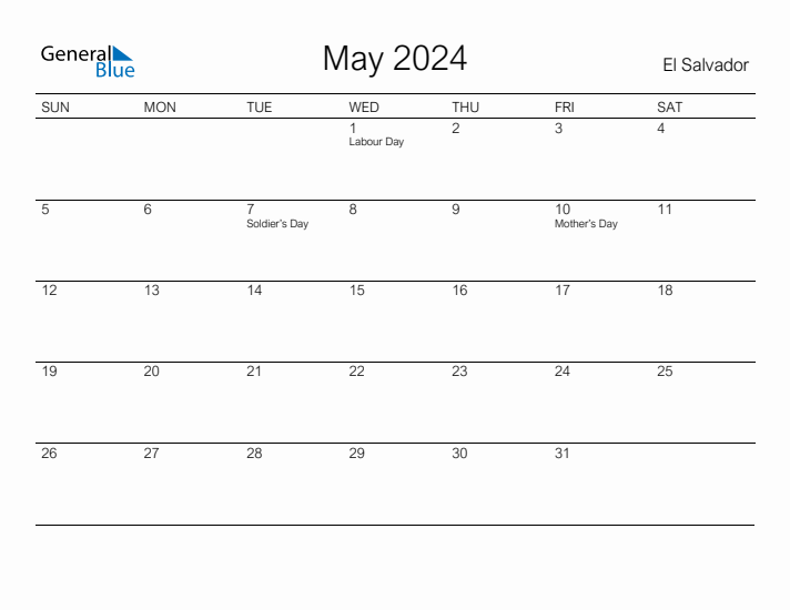 Printable May 2024 Calendar for El Salvador