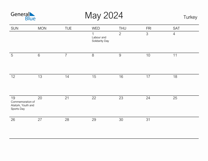 Printable May 2024 Calendar for Turkey