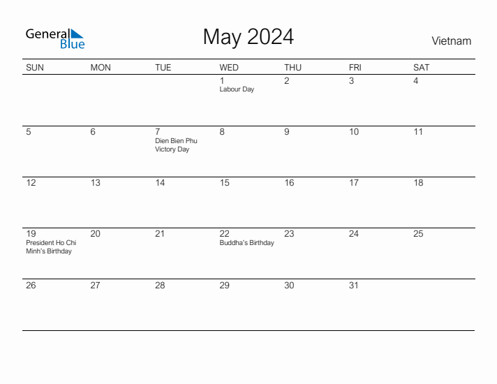 Printable May 2024 Calendar for Vietnam